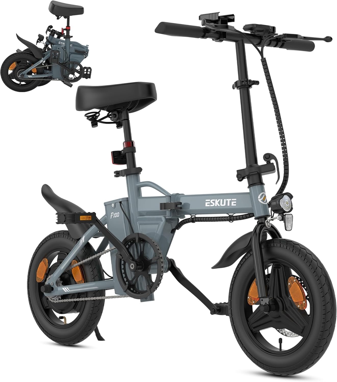 71ytTMpf3cL._AC_SL1500 ESKUTE F100 E-Bike Klapprad, 14 Zoll Elektrofahrrad mit USB-Ladeanschluss für Handy, 250W EU-konformes Elektrofahrräder, Integrierter 36V 9Ah Akku, Reichweite bis 35-60KM