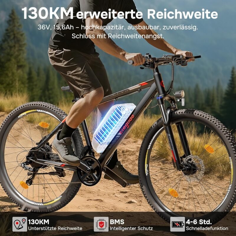 Eleglide E Bike, 27,5/29 Zoll E-Bike Herren Damen mit Hydraulische Scheibenbremse, 36V 18Ah Akku, Reichweite bis zu 150 KM, Offroad E-Mountainbike, 21 Gänge Elektrofahrrad, Mopride 2
