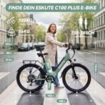 ESKUTE C100 Plus E-Bike, 26 Zoll Elektrofahrrad, E-Cityrad 250W HeckMotor, 36V 13Ah Wechselakku, bis zu 100km, LCD-Display, Tiefeinsteiger E-CityBike Für Damen und Herren Erwachsene