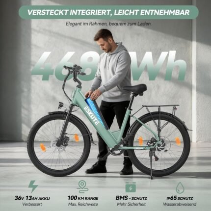 ESKUTE C100 Plus E-Bike, 26 Zoll Elektrofahrrad, E-Cityrad 250W HeckMotor, 36V 13Ah Wechselakku, bis zu 100km, LCD-Display, Tiefeinsteiger E-CityBike Für Damen und Herren Erwachsene