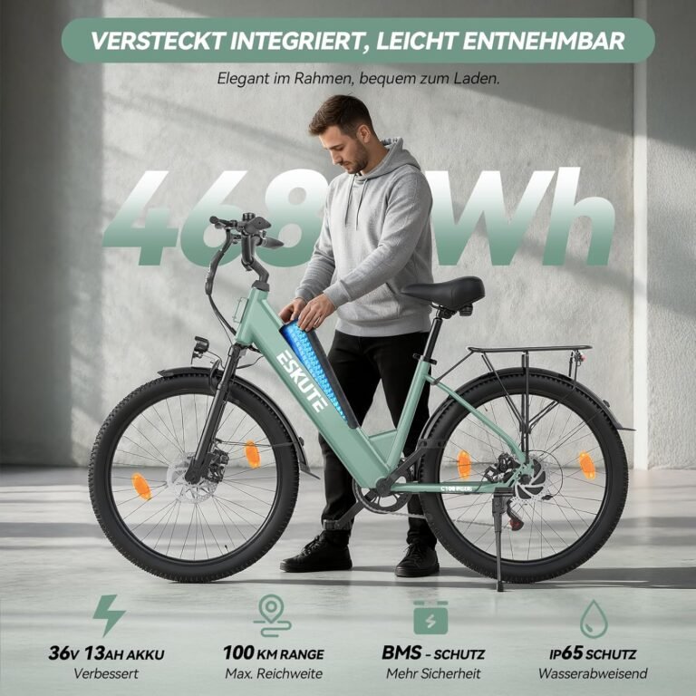 ESKUTE C100 Plus E-Bike, 26 Zoll Elektrofahrrad, E-Cityrad 250W HeckMotor, 36V 13Ah Wechselakku, bis zu 100km, LCD-Display, Tiefeinsteiger E-CityBike Für Damen und Herren Erwachsene