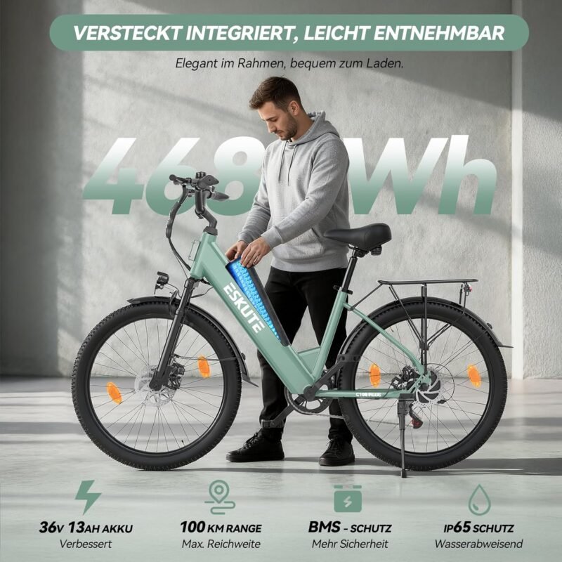 ESKUTE C100 Plus E-Bike, 26 Zoll Elektrofahrrad, E-Cityrad 250W HeckMotor, 36V 13Ah Wechselakku, bis zu 100km, LCD-Display, Tiefeinsteiger E-CityBike Für Damen und Herren Erwachsene