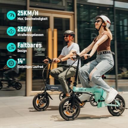 ESKUTE F100 E-Bike Klapprad, 14 Zoll Elektrofahrrad mit USB-Ladeanschluss für Handy, 250W EU-konformes Elektrofahrräder, Integrierter 36V 9Ah Akku, Reichweite bis 35-60KM